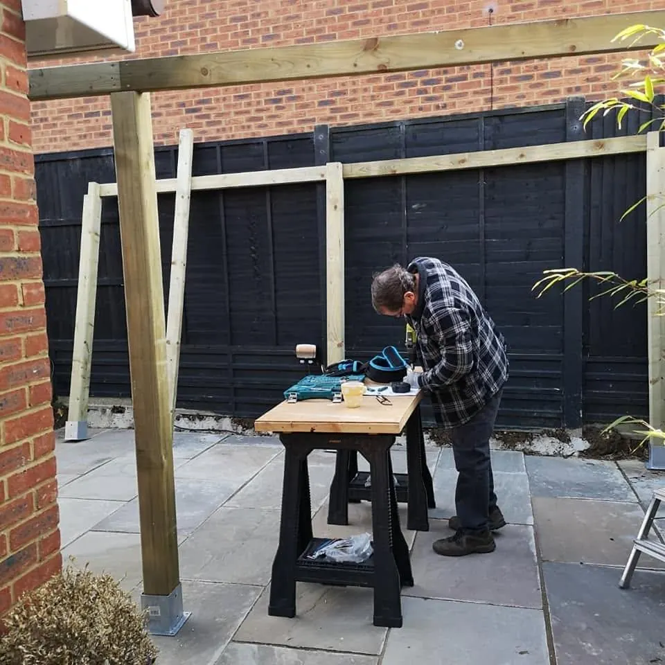 Garden gazebo frame during construction